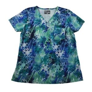 Butter-Soft Stretch Womens Scrub Top Medium Blue Green Snowflake Winter HTS452